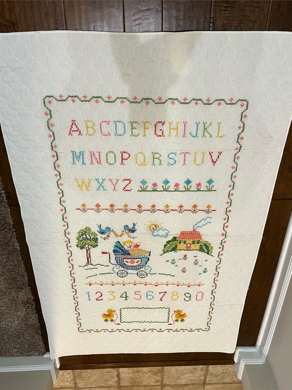 Hand-Embroidered Alphabet Sampler Quilt - Pastel & Primary Floral Motifs